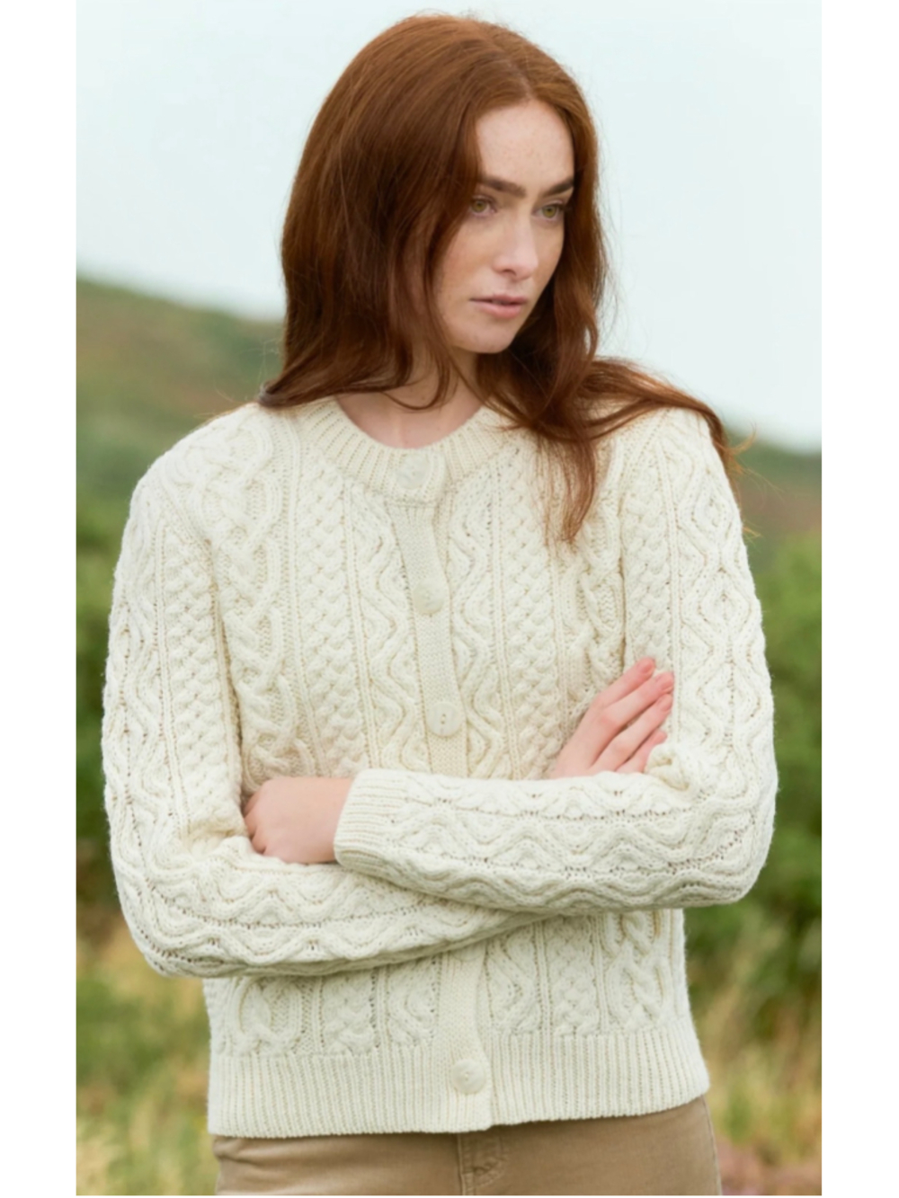 Aran Crafts Merino Wool Cable Knit Cardigan White XXL NWT